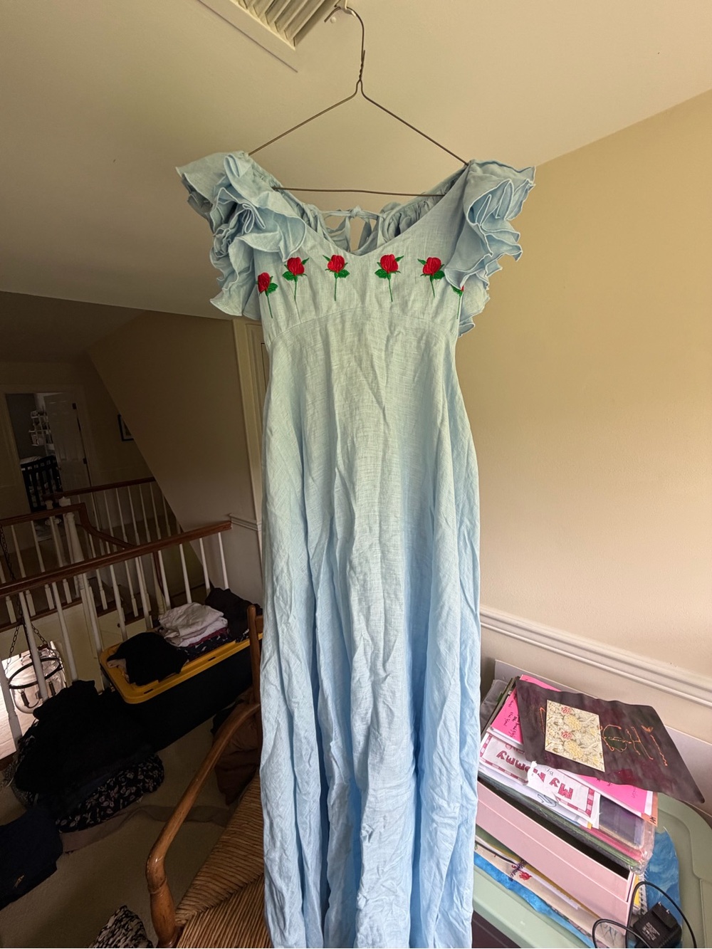 Fanm Mon Light Blue Maxi Dress with Red Rose Embroidery